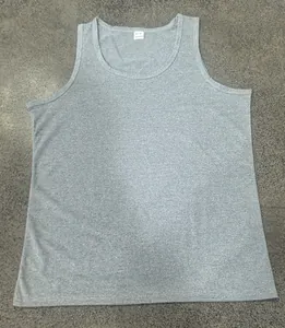 Full front view of a gray breathable men's sports sleeveless tank top in 100% polyester