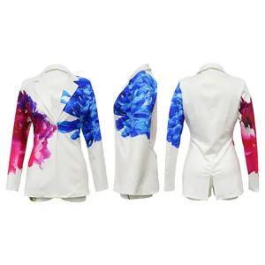 Three-view display of a white floral print blazer and shorts set with a shawl collar.