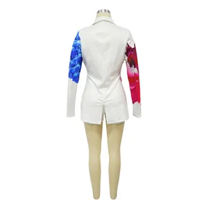 Back view of fashionable white shawl collar blazer and shorts set with floral printed sleeves