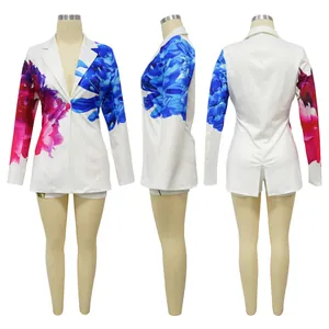 Three-view display of a white floral blazer and shorts set on a mannequin