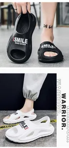 Trendy men's soft-sole beach sandals with Smile Make-Shoes lettering in black and white