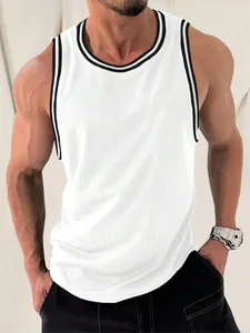 Detail view of the white knitted ribbed texture and black contrast trim on this men's tank top