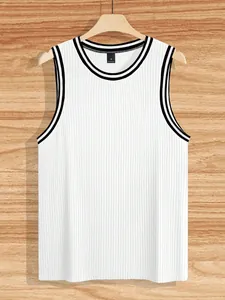 Close-up detail of white ribbed knit tank top with black contrast striped trim