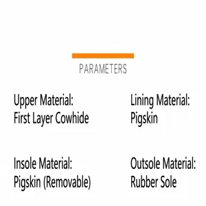 Detailed material specifications for premium leather shoes showing upper and lining materials