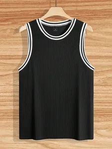 Detailed view of black vertical ribbed knit sports tank top with striped neck trim