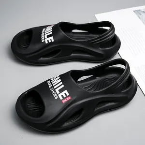 Trendy men's black soft sole sandals with smile print, non-slip casual beach shoes