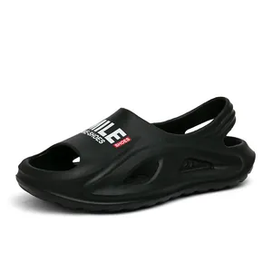 Men's black soft sole non-slip summer sandals with breathable holes and heel strap design