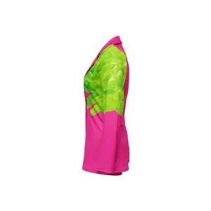 Side view of women's vibrant pink blazer featuring a lime green floral print on the sleeve