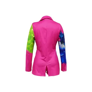 Back view of stylish pink blazer shorts set with colorful asymmetrical floral sleeves.