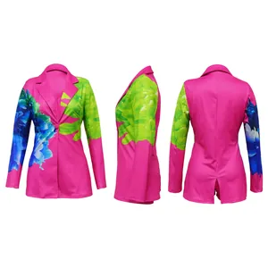 Three-view of women's pink floral print blazer and shorts set with shawl collar.