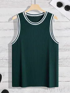 Close-up detail of men's dark green knitted ribbed tank top featuring striped trim accents