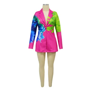 Floral print shawl collar blazer set in vibrant pink with blue and green patterns