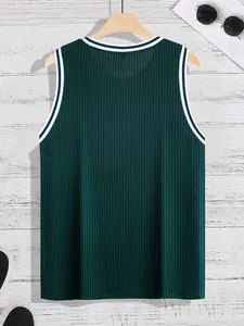 Back view detail of a men's dark green ribbed knit tank top with white trim