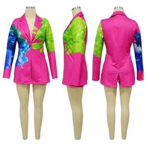 Three-angle view of a vibrant pink floral blazer and shorts set for stylish women.