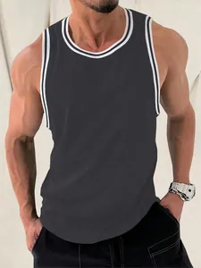 Detailed view of men's slim fit athletic tank top featuring contrast stripe knit texture
