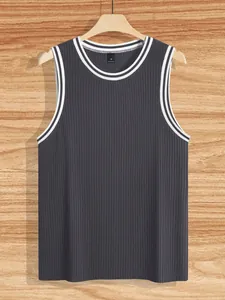 Detail view of men's ribbed knit sports tank top with contrast stripe trim at neckline.