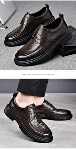 Detail of brown perforated leather shoes for men featuring breathable hollow design