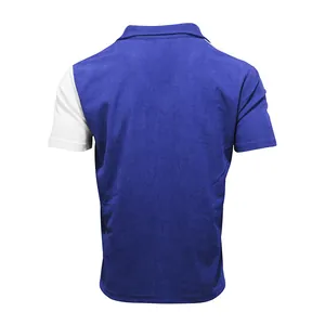 Back view of men's heavy blue corduroy short sleeve shirt with white sleeve detail.