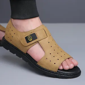 Sandales Décontractées pour Hommes Été Respirant Cuir Microfibre Ajouré Chaussures de Plage Extérieur Antidérapant Fermeture Velcro