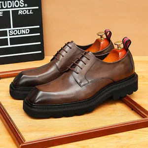Herren Echtes Leder Derby-Schuhe Plateausohle Eckige Zehe Rindsleder Business Casual Formelle Halbschuhe Britischer Stil Rutschfeste Schuhe