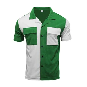Front view of heavy-duty green and white color-block corduroy men's short-sleeve shirt