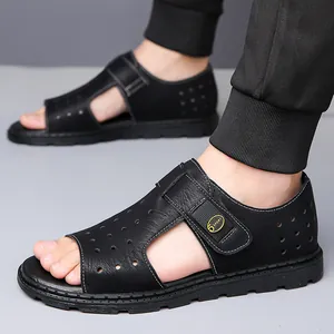 Sandales d'été pour hommes, noires et respirantes, avec semelle antidérapante et velcro