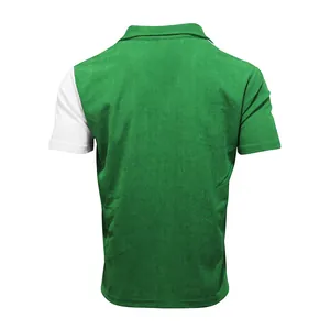 Back view of men's American style green and white corduroy short sleeve polo shirt