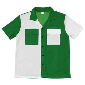 Close-up of green and white color-block corduroy short sleeve shirt with pockets