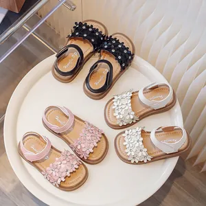 Girls Summer Floral Sandals Princess Rhinestone Soft Sole Beach Shoes Hook Loop Closure For Kids Casual Wear
