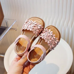 Pink floral princess sandals for girls with soft sole and rhinestone details