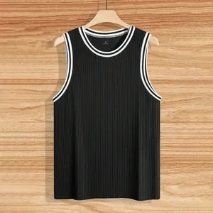 Men's athletic black ribbed knit tank top featuring contrast white striped trim details