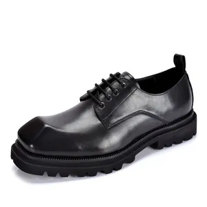 Herren Echtleder Quadratische Spitze Derby Schuhe Dicke Sohle Erhöhung Handgemacht Retro Business Casual Mode Leder Halbschuhe