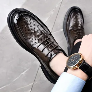 Mens brown breathable hollow out leather derby shoes for business summer fashion
