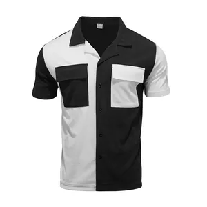 Detail of men's color-block corduroy shirt with pockets and camp collar design