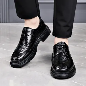 Breathable black leather business casual shoes with hollowed out design and thick soles