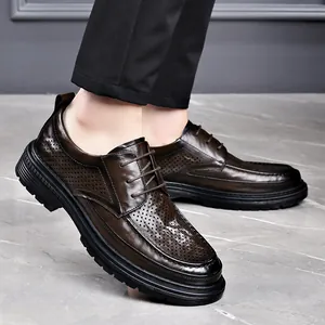 Men's breathable hollow-out leather dress shoes with thick soles for business leisure