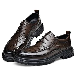 Brown breathable hollow-out lace-up business casual shoes with thick soles for men