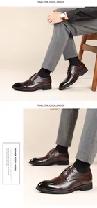 Detailed shot of men's brown business leather shoes featuring elegant crocodile texture.