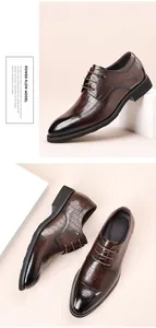 Detailed close-up of brown business dress shoes for men with embossed crocodile texture