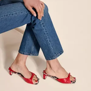 Sandali da Donna in Pelle di Vacchetta di Primo Strato con Fiocco Kitten Heel Slides Stampa Leopardata Gingham Punta Quadrata Pantofole Estive Sexy