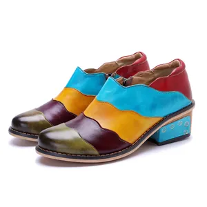 Scarpe Casual Donna in Vera Pelle Fatte a Mano Patchwork Con Cerniera Laterale Tacco Largo Retrò Punta Tonda