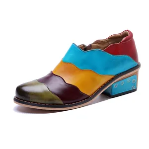 Scarpe in vera pelle patchwork colorate fatte a mano con tacco largo e zip laterale