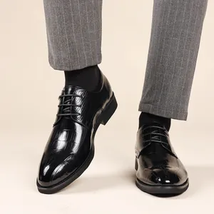Premium men's black crocodile embossed leather business dress shoes with lace-up design