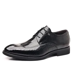Classic black men's business dress shoes with crocodile embossed leather and brogue details