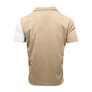 Detailed back view of men's vintage corduroy short sleeve shirt in khaki and white colors