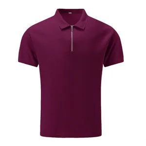 Polo bordeaux pour hommes en maille gaufrée avec fermeture éclair argentée élégante