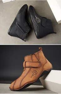 Vista detallada de botas Martin cálidas de caña alta para hombre en cuero negro y marrón