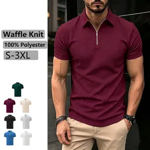 Polo Homme en Tricot Gaufrette Polyester Manches Courtes Coupe Ajustée Fermeture Éclair Haut Couleur Unie Mode Été