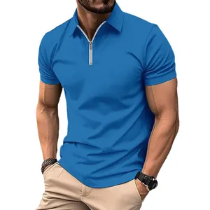Polo élégant à manches courtes pour homme en maille gaufrée avec col zippé bleu