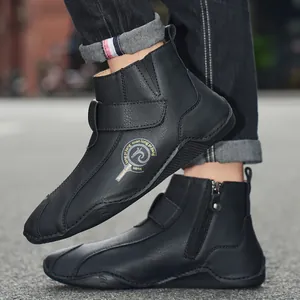Botas Martin de cuero negro para hombre con cremallera lateral y tira de velcro